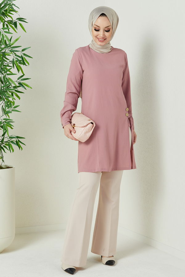 Düz Bisiklet Yaka Kadın Pembe TUNIK - 3677