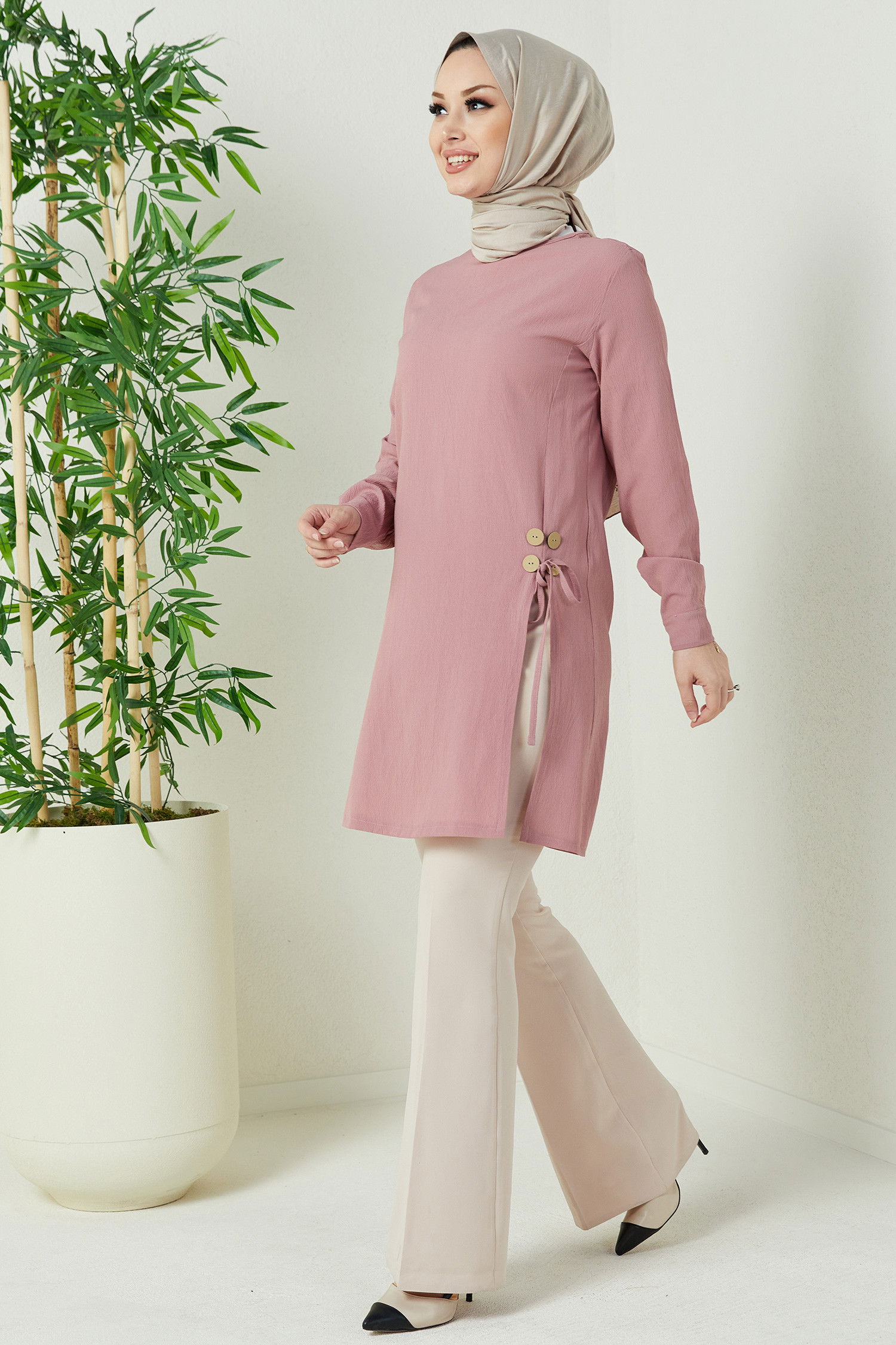 Düz Bisiklet Yaka Kadın Pembe TUNIK - 3677