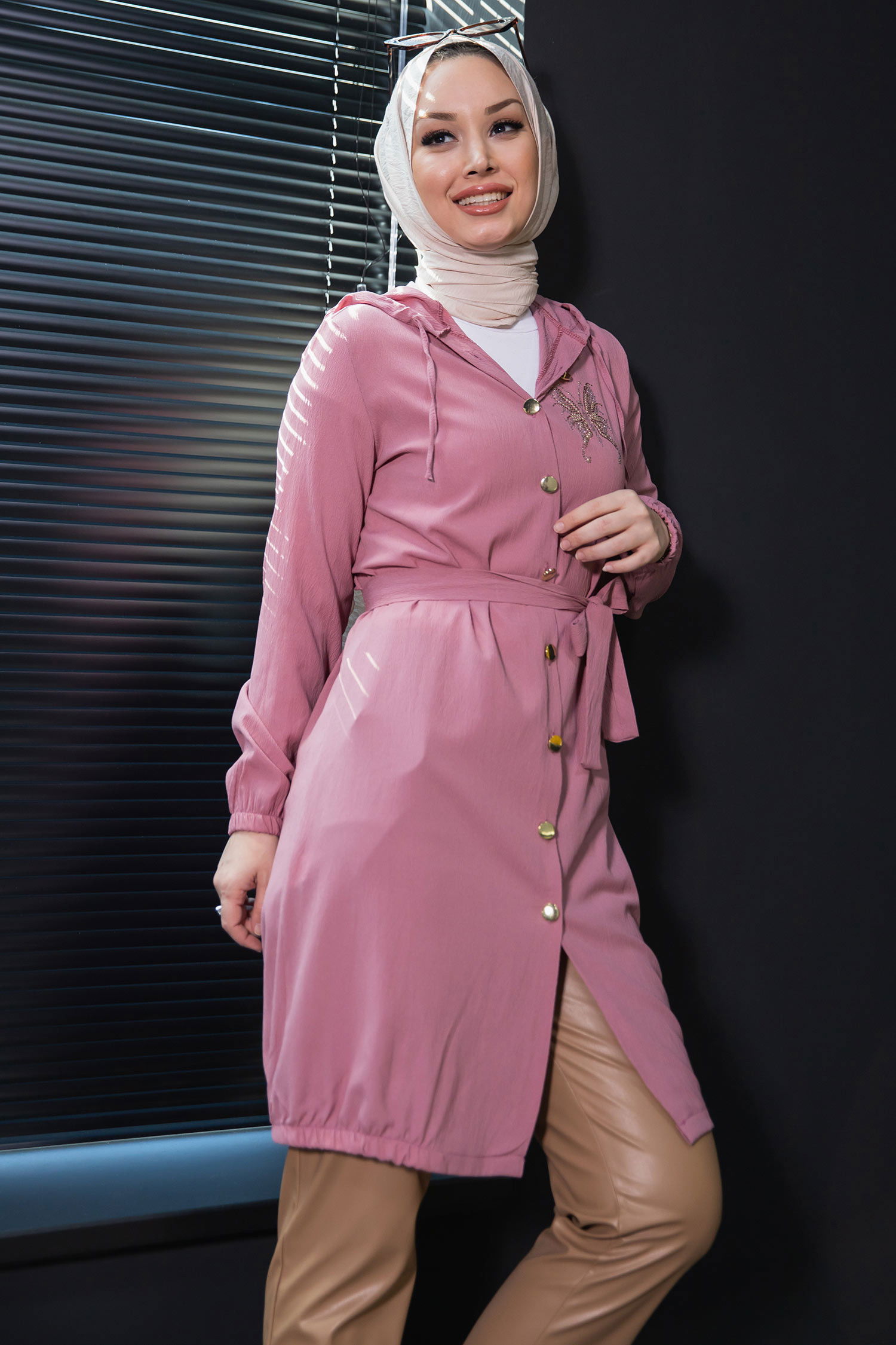 Düz Orta Kadın Pembe TASLI TUNIK - 3581 PEMBE