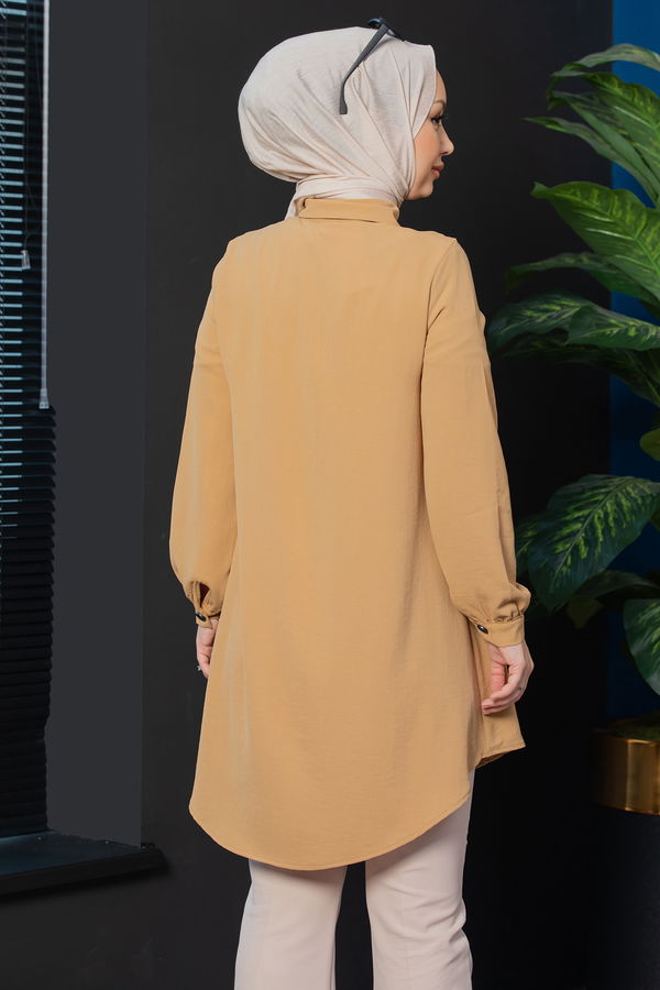 Düz Gömlek Yaka Kadın Bej Tunik - 3950