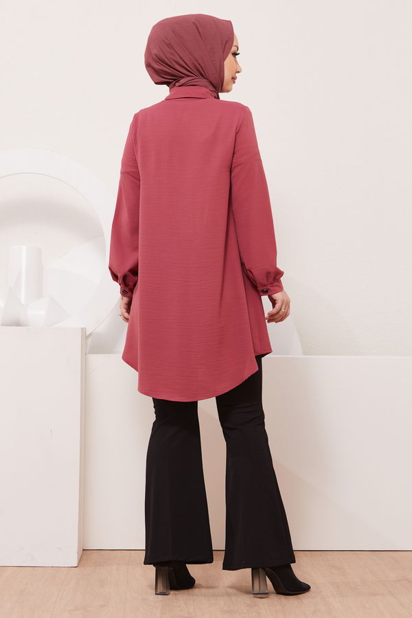 Düz Gömlek Yaka Kadın Pembe Tunik - 3950 PEMBE