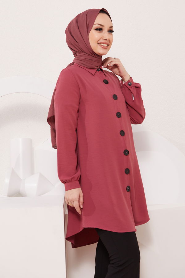 Düz Gömlek Yaka Kadın Pembe Tunik - 3950 PEMBE