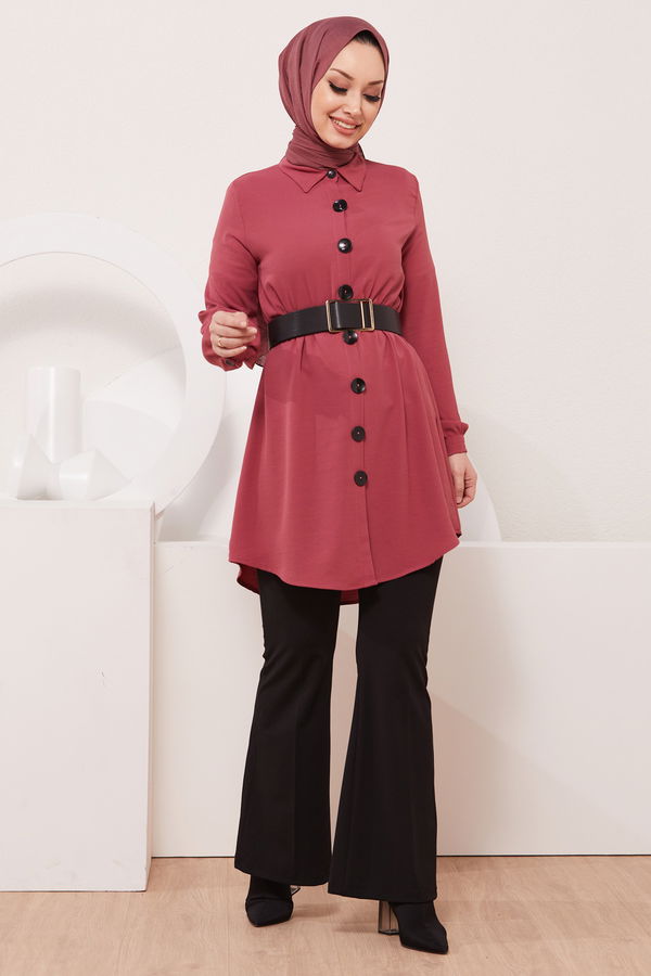 Düz Gömlek Yaka Kadın Pembe Tunik - 3950 PEMBE