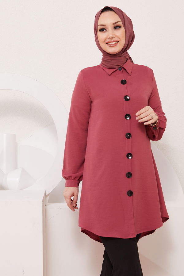 Düz Gömlek Yaka Kadın Pembe Tunik - 3950 PEMBE