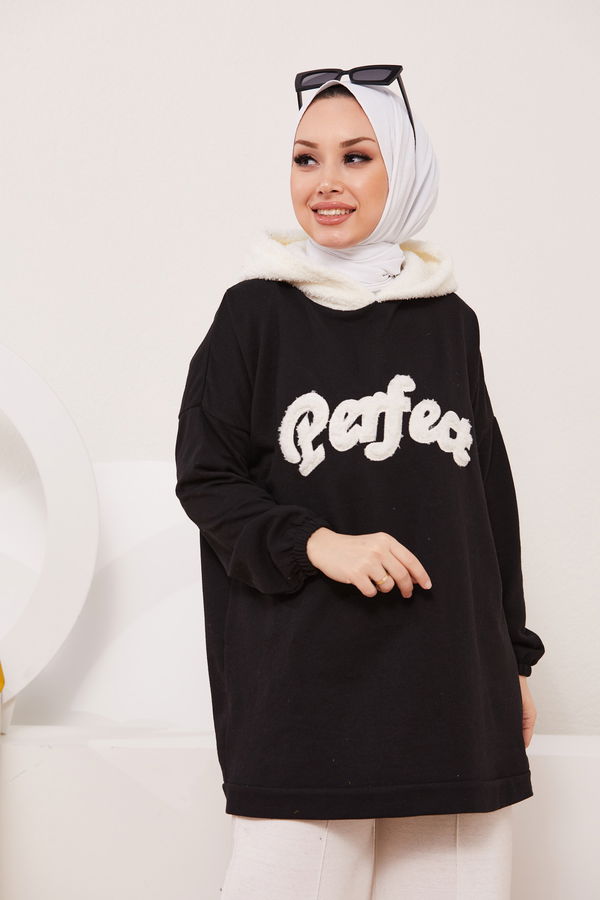 Düz Kapsonlu Yaka Kadın Siyah Sweat - 3878 SİYAH
