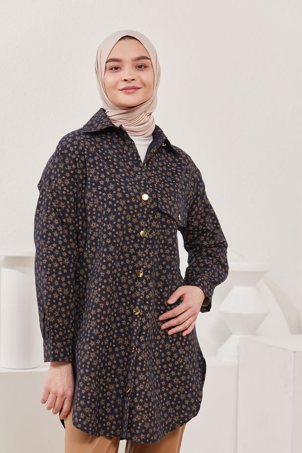 Düz Gömlek Yaka Kadın Lacivert Desenli Tunik - 3898