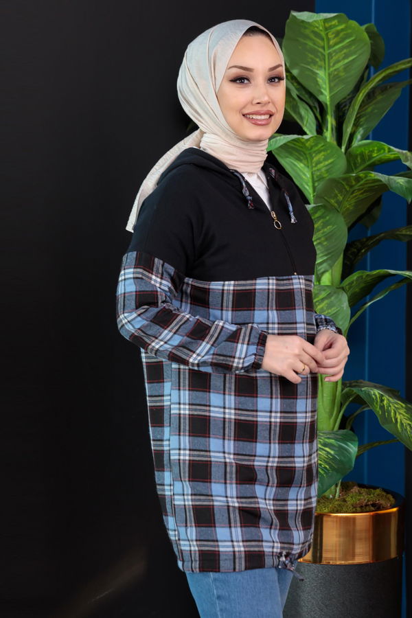 Düz Kapsonlu Yaka Kadın Mavi Garnılı Tunık - 3845