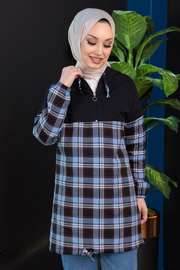 Düz Kapsonlu Yaka Kadın Mavi Garnılı Tunık - 3845