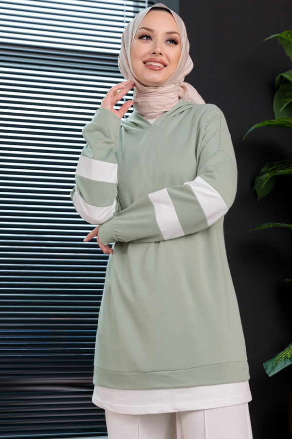 Düz Kapsonlu Yaka Kadın Yeşil Tunik - 3426