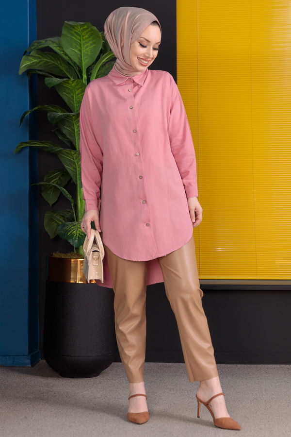 Düz Gömlek Yaka Kadın Pembe Tunik - 3123 PEMBE