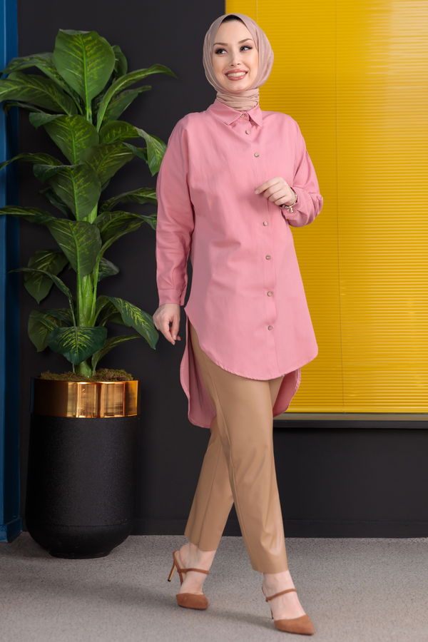 Düz Gömlek Yaka Kadın Pembe Tunik - 3123 PEMBE