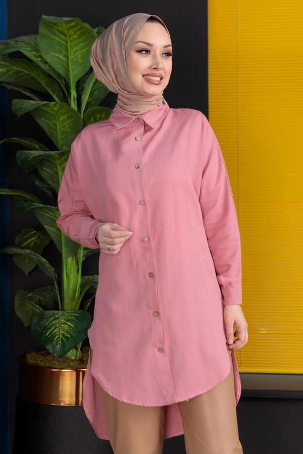 Düz Gömlek Yaka Kadın Pembe Tunik - 3123 PEMBE