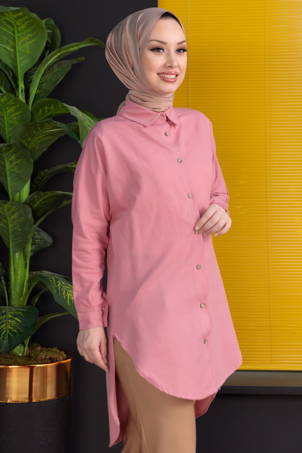 Düz Gömlek Yaka Kadın Pembe Tunik - 3123 PEMBE