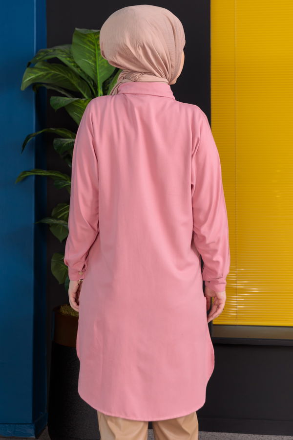 Düz Gömlek Yaka Kadın Pembe Tunik - 3123 PEMBE
