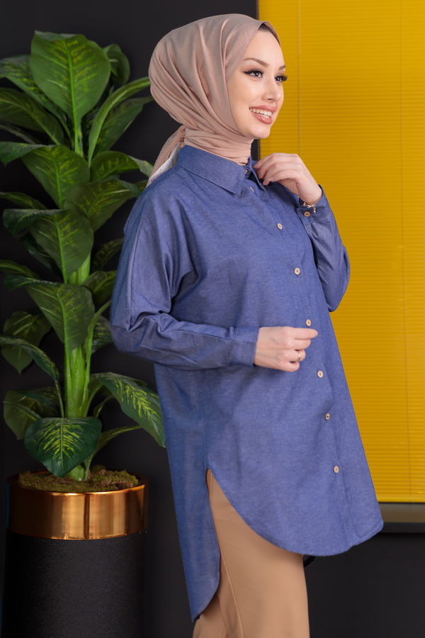 Düz Gömlek Yaka Kadın Mavi Tunik - 3123