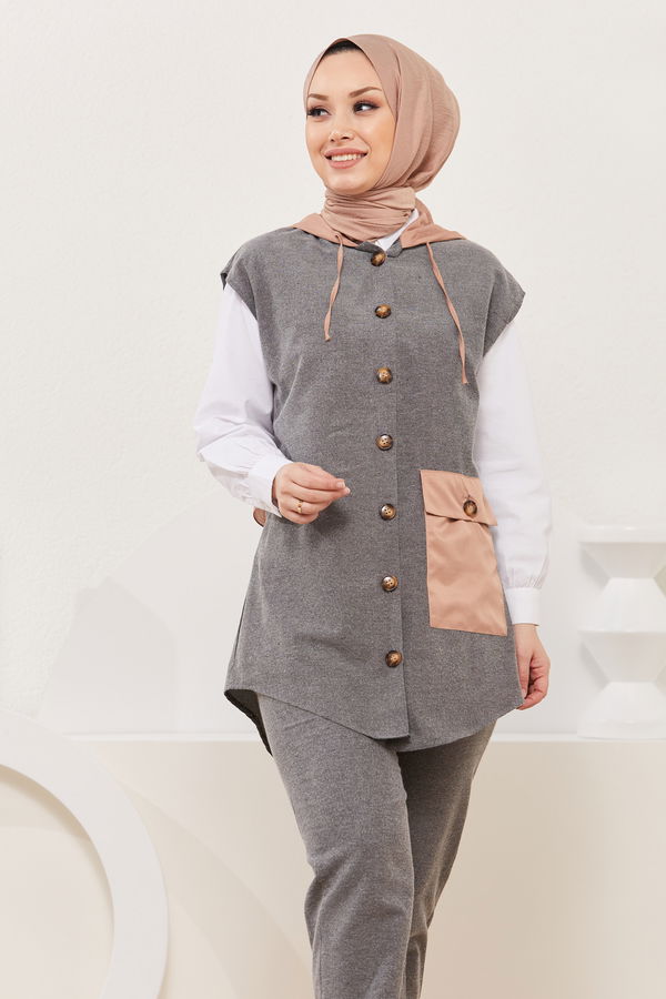 Düz Kapsonlu Yaka Kadın Gri Tunik Pantolon - 3918