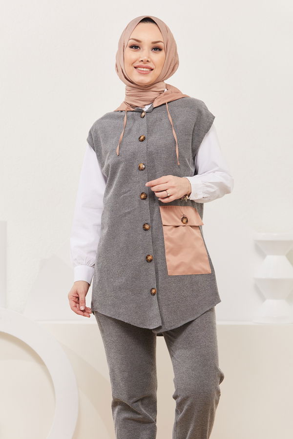 Düz Kapsonlu Yaka Kadın Gri Tunik Pantolon - 3918
