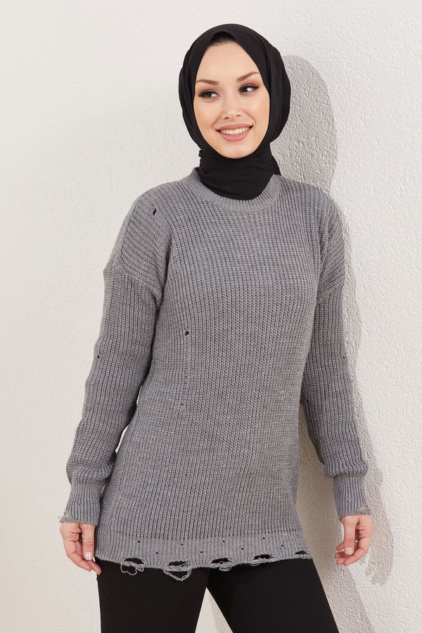 Düz Orta Kadın Gri Triko Kazak - 20933