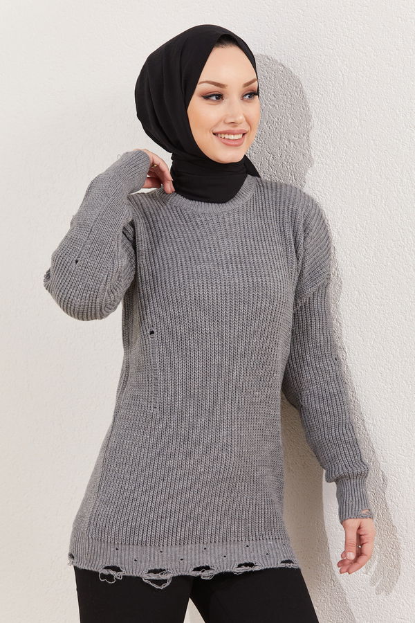 Düz Orta Kadın Gri Triko Kazak - 20933