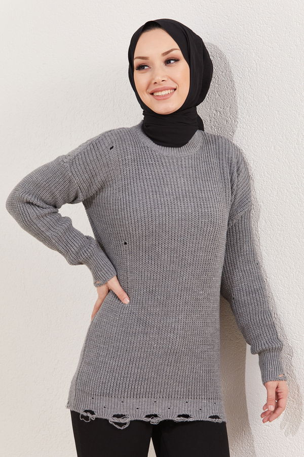 Düz Orta Kadın Gri Triko Kazak - 20933