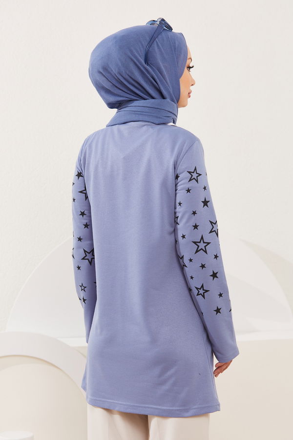 Düz Bisiklet Yaka Kadın Mavi Yıldız Baskılı Tunik - 8385 MAVİ