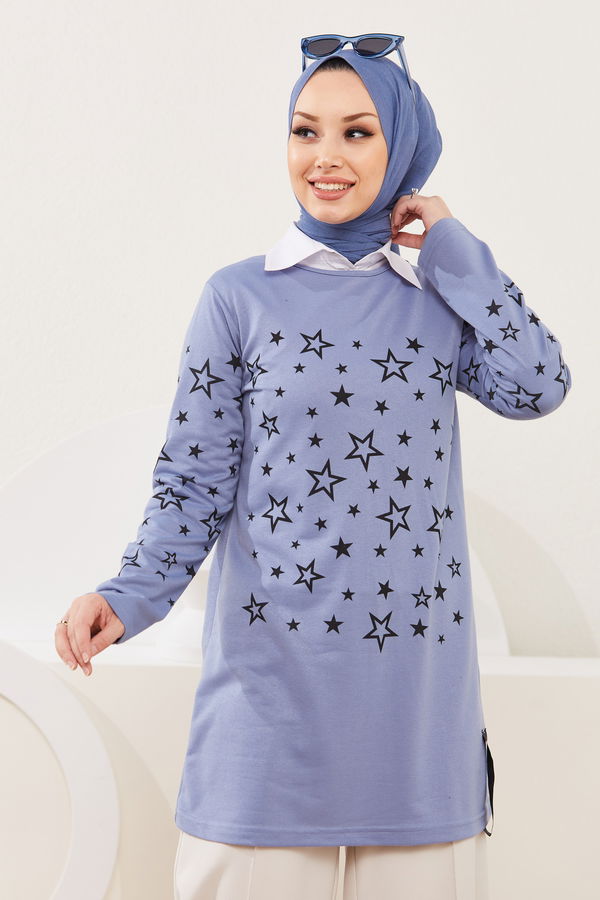 Düz Bisiklet Yaka Kadın Mavi Yıldız Baskılı Tunik - 8385 MAVİ