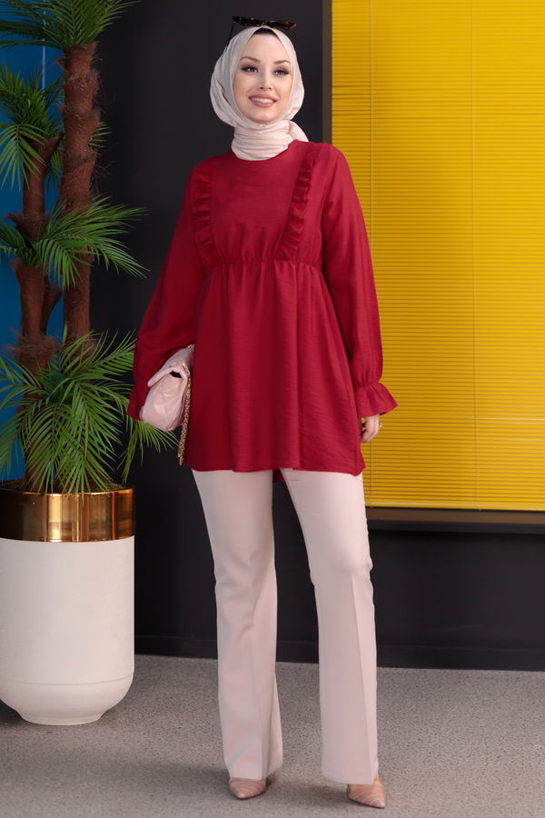 Düz Bisiklet Yaka Kadın Bordo TUNIK - 3263