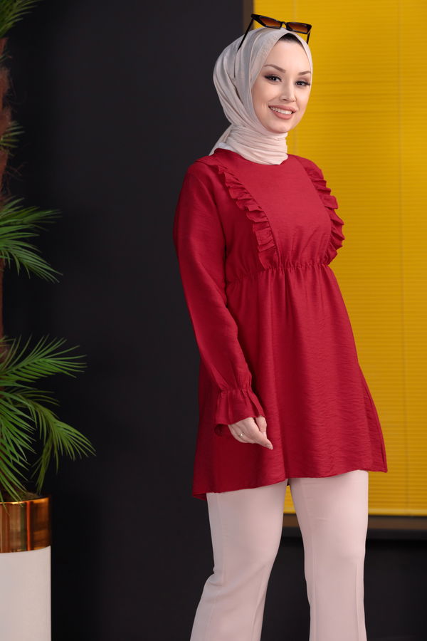 Düz Bisiklet Yaka Kadın Bordo TUNIK - 3263