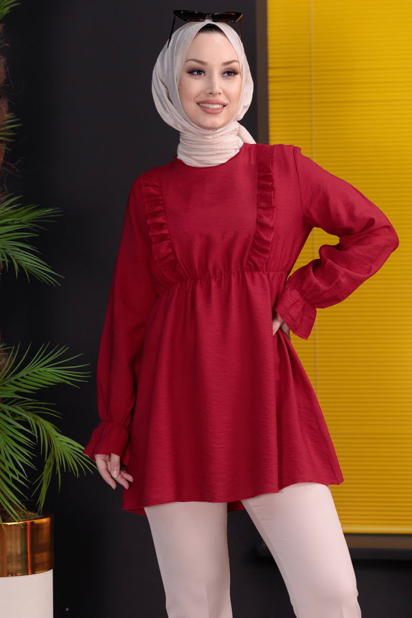 Düz Bisiklet Yaka Kadın Bordo TUNIK - 3263