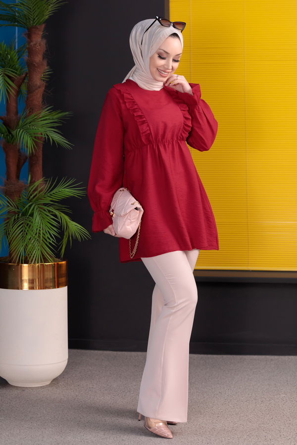 Düz Bisiklet Yaka Kadın Bordo TUNIK - 3263