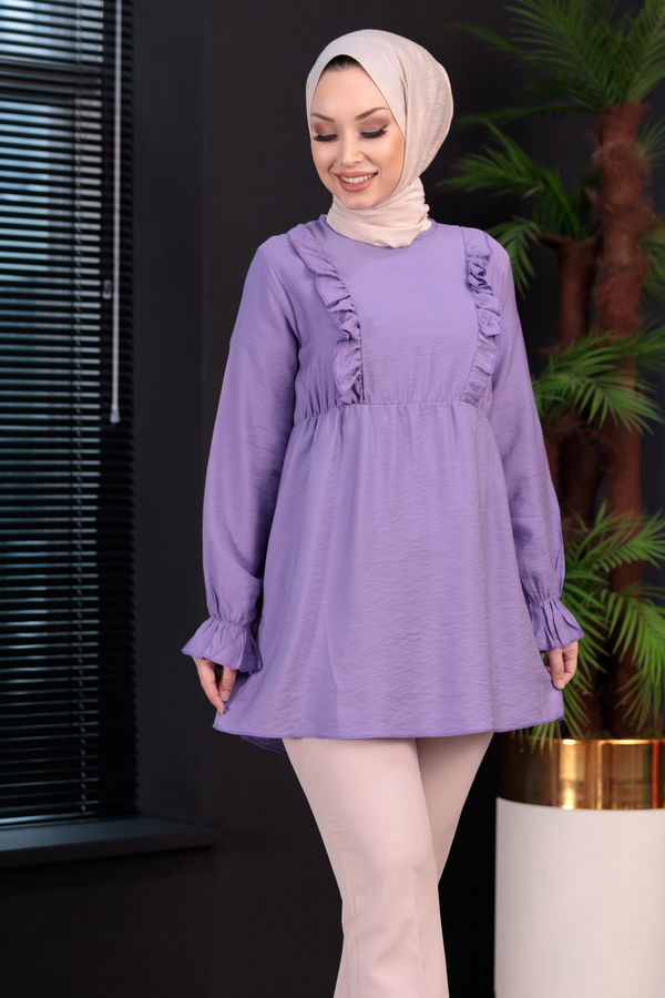 Düz Bisiklet Yaka Kadın Lila TUNIK - 3263 LİLA