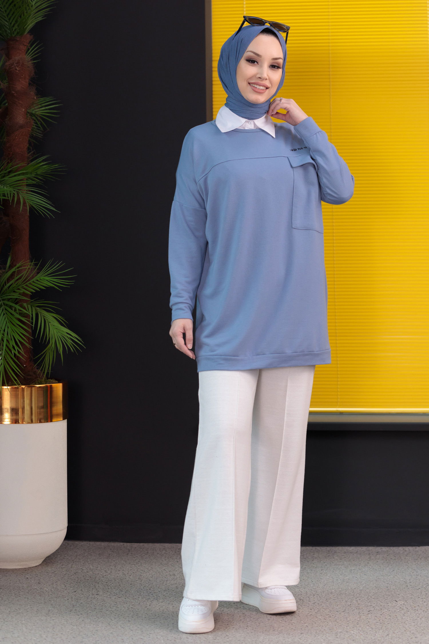 Düz Bisiklet Yaka Kadın Mavi Tunik - 3350 MAVİ