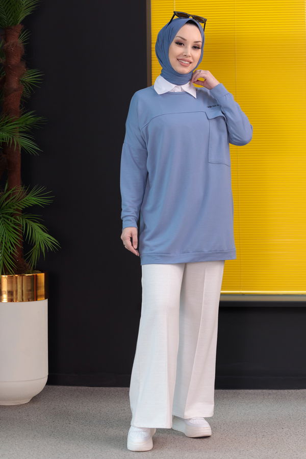 Düz Bisiklet Yaka Kadın Mavi Tunik - 3350 MAVİ