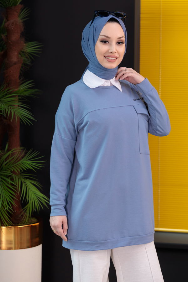 Düz Bisiklet Yaka Kadın Mavi Tunik - 3350 MAVİ