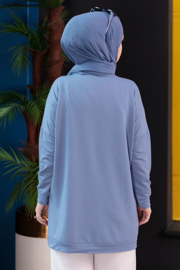 Düz Bisiklet Yaka Kadın Mavi Tunik - 3350 MAVİ