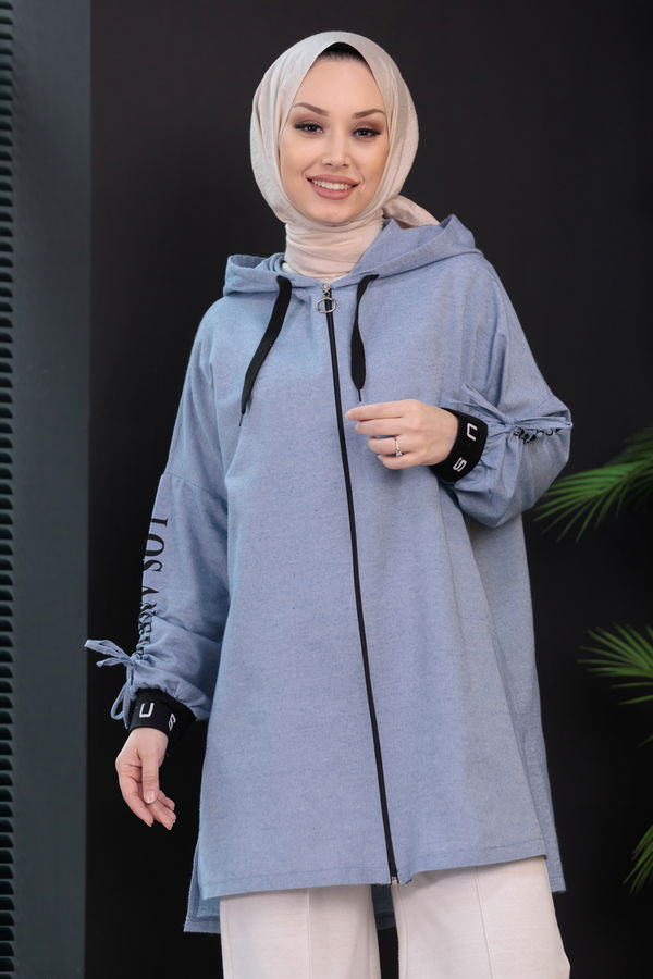 Düz Kapsonlu Yaka Kadın Mavi Tunik - 3934