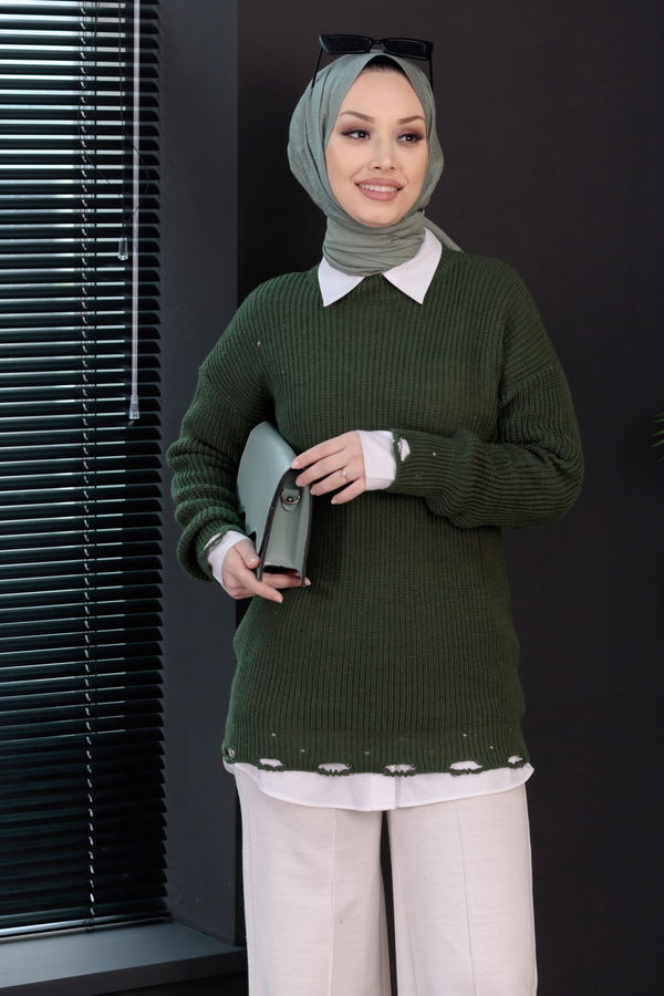 Düz Orta Kadın Haki Triko Kazak - 20933 HAKİ