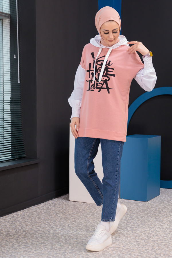 Düz Kapsonlu Yaka Kadın Pembe Tunik - 3945 PEMBE