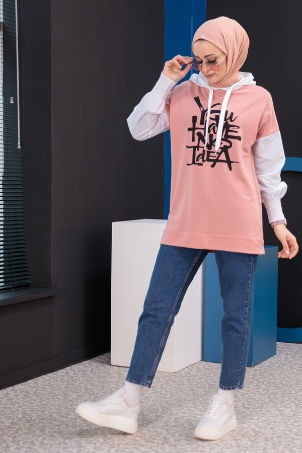 Düz Kapsonlu Yaka Kadın Pembe Tunik - 3945 PEMBE