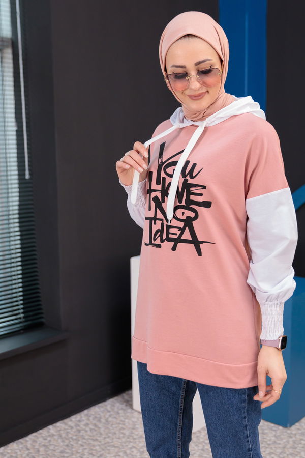 Düz Kapsonlu Yaka Kadın Pembe Tunik - 3945 PEMBE