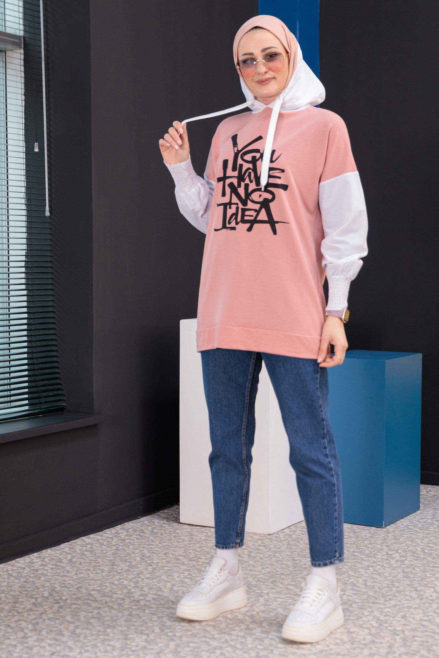 Düz Kapsonlu Yaka Kadın Pembe Tunik - 3945 PEMBE
