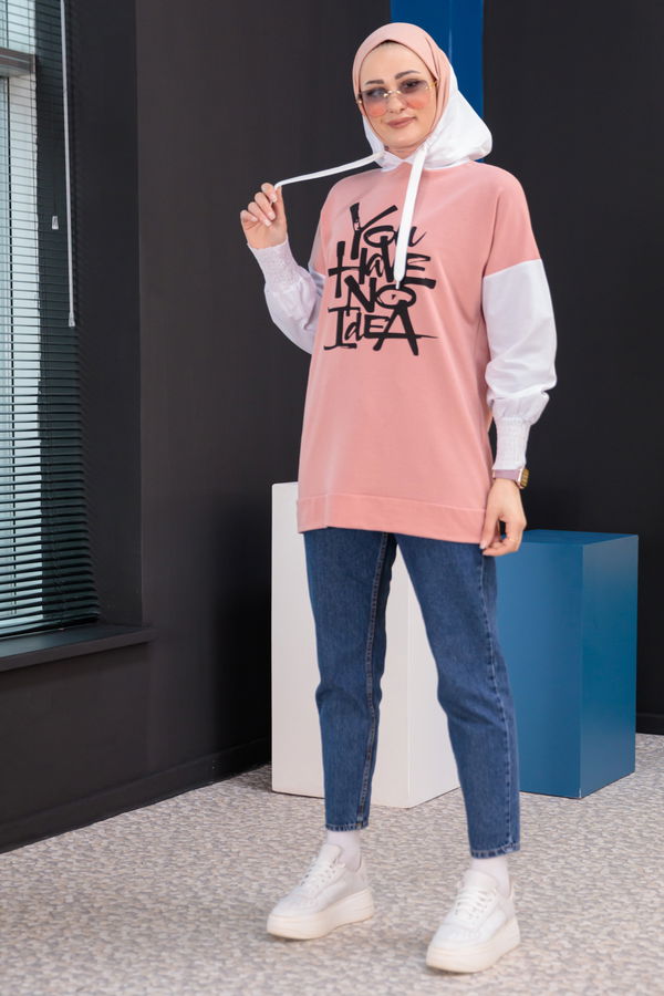 Düz Kapsonlu Yaka Kadın Pembe Tunik - 3945 PEMBE