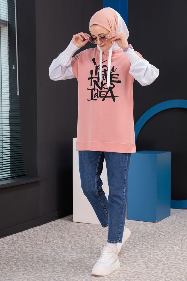 Düz Kapsonlu Yaka Kadın Pembe Tunik - 3945 PEMBE