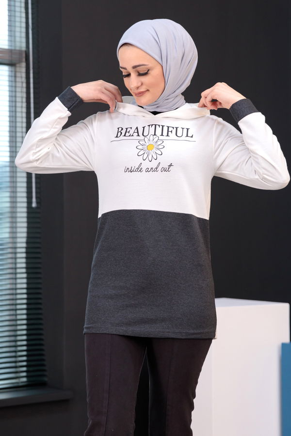 Düz Orta Kadın Antrasit Kapşonlu Sweat - 20860