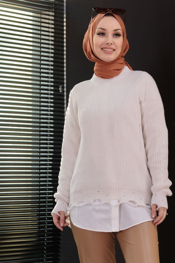 Düz Orta Kadın Beyaz Triko Kazak - 20933 BEYAZ