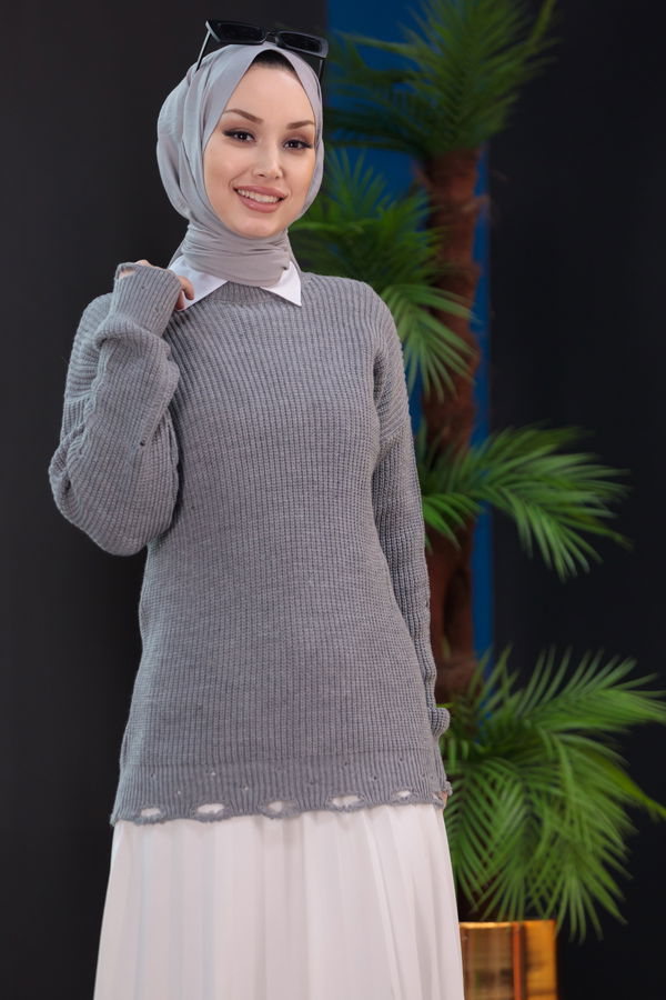 Düz Orta Kadın Gri Triko Kazak - 20933