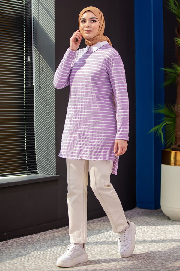 Düz Bisiklet Yaka Kadın Lila TUNIK - 3725