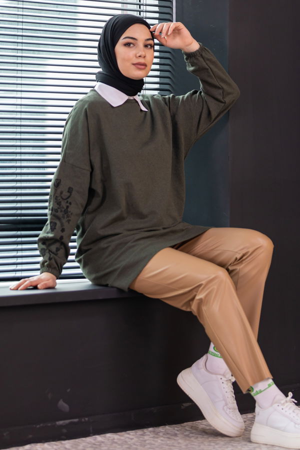 Düz Bisiklet Yaka Kadın Haki TUNIK - 3357 HAKİ
