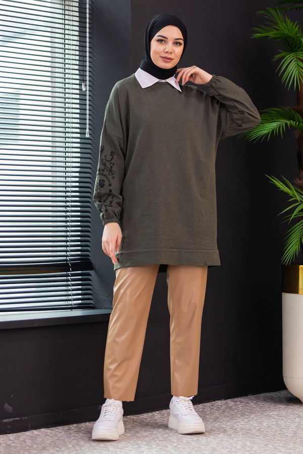 Düz Bisiklet Yaka Kadın Haki TUNIK - 3357 HAKİ