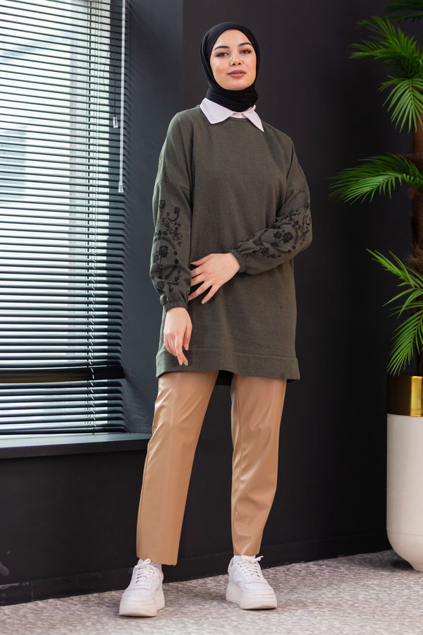 Düz Bisiklet Yaka Kadın Haki TUNIK - 3357 HAKİ